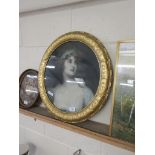 OVAL FRAMED PRINT OF A GIRL AFTER ROMNEY IN HEAVY GILT DECORATIVE FRAME, TOTAL SIZE 70CM