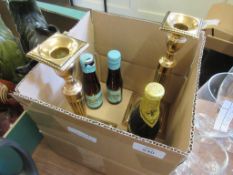 PAIR OF BRASS CANDLESTICKS AND A VINTAGE BOTTLE OF GUINNESS AND TWO MINIATURE BOTTLES OF BABYCHAM
