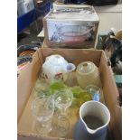 BOX OF MIXED GLASS WARE INCLUDING LAMP SHADES AND A BOXED ARCOROC PUNCH SET