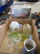BOX OF MIXED GLASS WARE INCLUDING LAMP SHADES AND A BOXED ARCOROC PUNCH SET
