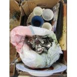 BOX OF VARIOUS HOUSE CLEARANCE SUNDRIES INCLUDING CUTLERY, PLACE MATS, CERAMICS