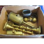 BOX CONTAINING METAL WARE INCLUDING CANDLESTICKS, SPIT MOTOR ETC