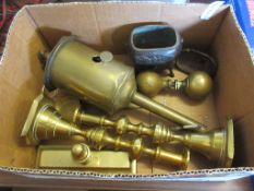 BOX CONTAINING METAL WARE INCLUDING CANDLESTICKS, SPIT MOTOR ETC