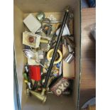 BOX OF VARIOUS SMALL COLLECTIBLES INCLUDING CANDLE SNUFFER, MUSIC BOX MECHANICS, WEIGHTS, WATCH,