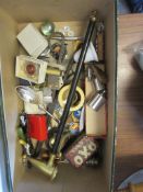 BOX OF VARIOUS SMALL COLLECTIBLES INCLUDING CANDLE SNUFFER, MUSIC BOX MECHANICS, WEIGHTS, WATCH,