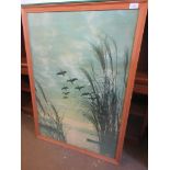 LARGE FRAMED PRINT DEPICTING GEESE IN FLIGHT, 45 X 104CM