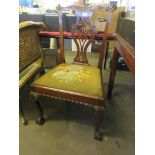 EARLY 19TH CENTURY UPHOLSTERED DINING CHAIR WITH CARVED LEAF AND GEOMETRIC CARVING TO SPLAT ON