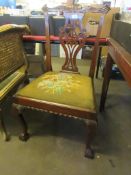 EARLY 19TH CENTURY UPHOLSTERED DINING CHAIR WITH CARVED LEAF AND GEOMETRIC CARVING TO SPLAT ON