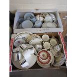 TWO BOXES OF CERAMICS INCLUDING WEDGWOOD PARALLELS PLATES, CUPS AND SAUCERS AND SIDE PLATES ETC,