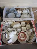 TWO BOXES OF CERAMICS INCLUDING WEDGWOOD PARALLELS PLATES, CUPS AND SAUCERS AND SIDE PLATES ETC,