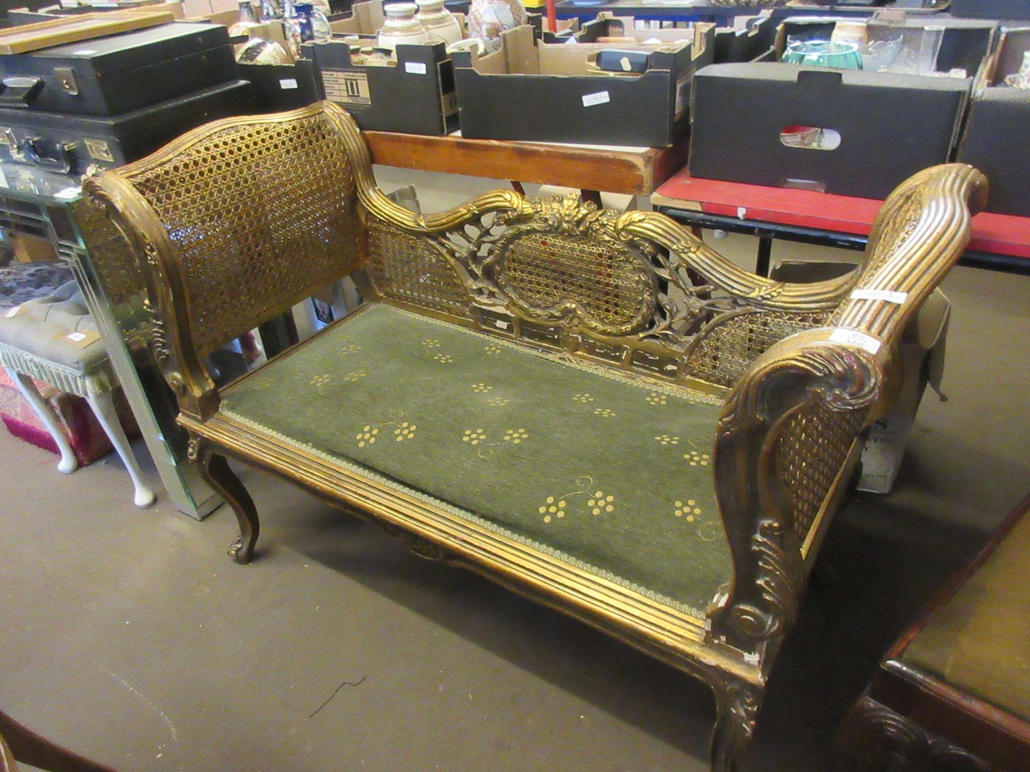 IMPRESSIVE MOULDED GILTWOOD AND CANE UPHOLSTERED BENCH OR SOFA, LENGTH APPROX 118CM