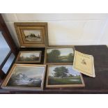SELECTION OF VARIOUS FRAMED OLEOGRAPHS AND OIL ON PANEL DEPICTING A VILLAGE SCENE, LARGEST APPROX 33