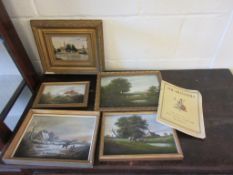 SELECTION OF VARIOUS FRAMED OLEOGRAPHS AND OIL ON PANEL DEPICTING A VILLAGE SCENE, LARGEST APPROX 33