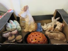 BOX OF VARIOUS SYLVAC FIGURES INCLUDING DOGS AND A CAT, SHIP ETC