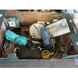 BOX CONTAINING HOUSEHOLD CLEARANCE ITEMS INCLUDING SCISSORS, BAROMETER ETC