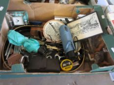 BOX CONTAINING HOUSEHOLD CLEARANCE ITEMS INCLUDING SCISSORS, BAROMETER ETC