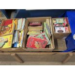THREE BOXES OF VARIOUS BOOKS AND GAMES INCLUDING CHILDREN’S ANNUALS, 1950S/60S ONWARDS
