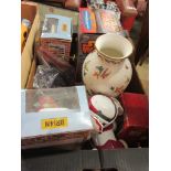 TWO BOXES CONTAINING TOYS, TOGETHER WITH A BUTTERFLY DECORATED VASE ETC