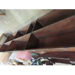 LARGE LOW LEVEL SHELVING UNIT, APPROX 9 ½ FT LONG, HEIGHT APPROX 96CM, POSSIBLY FORMER SHOP FITTING