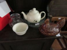 QUANTITY OF HOUSEHOLD CERAMICS AND GLASS INCLUDING POOLE POTTERY BOWL AND TEA POT, PORTMEIRION EGG