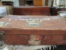 MID-20TH CENTURY SUITCASE MOUNTED WITH VARIOUS VINTAGE TRAVEL LABELS