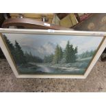 FRAMED PRINT OF A MOUNTAIN LANDSCAPE, WIDTH APPROX 75CM