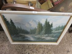 FRAMED PRINT OF A MOUNTAIN LANDSCAPE, WIDTH APPROX 75CM