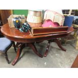 REPRODUCTION OVAL MAHOGANY FINISH DINING TABLE WITH CROSS BANDED DETAIL TO TOP AND EXTRA LEAF,