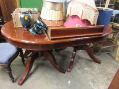 REPRODUCTION OVAL MAHOGANY FINISH DINING TABLE WITH CROSS BANDED DETAIL TO TOP AND EXTRA LEAF,