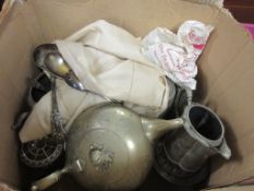 BOX CONTAINING ASSORTED SILVER PLATED WARES INCLUDING GOOD QUALITY TEA POT ETC