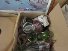 BOX CONTAINING VARIOUS PAPERWEIGHTS AND MOULDED GLASS SCULPTURES ETC