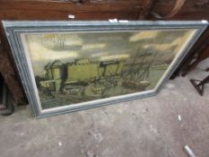 FRAMED OLEOGRAPH DEPICTING BOATS IN A HARBOUR, FRAME SIZE APPROX 103CM