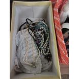 BOX CONTAINING VARIOUS BEADS AND COSTUME JEWELLERY