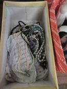 BOX CONTAINING VARIOUS BEADS AND COSTUME JEWELLERY