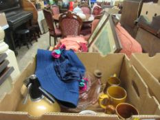 BOX CONTAINING MIXED GLASS WARE, SODA SIPHON, WADE AND LORD NELSON POTTERY TANKARDS ETC