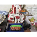 PAIR OF STAFFORDSHIRE TYPE FIRESIDE SPANIEL DOGS TOGETHER WITH A ROYAL DOULTON FIGURE OF A