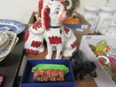 PAIR OF STAFFORDSHIRE TYPE FIRESIDE SPANIEL DOGS TOGETHER WITH A ROYAL DOULTON FIGURE OF A