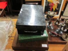 VINTAGE METAL MONEY BOX TOGETHER WITH A CASED PART SET OF CUTLERY AND A FURTHER MAHOGANY CUTLERY