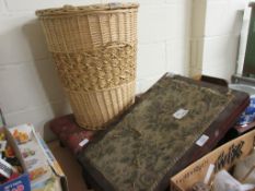 TWO VINTAGE STOOLS AND A CLOTHES BASKET