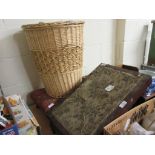 TWO VINTAGE STOOLS AND A CLOTHES BASKET