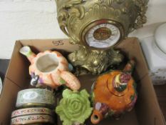 BOX CONTAINING VARIOUS DECORATIVE CERAMICS INCLUDING TEA POTS, WEDGWOOD FLORAL DECORATED CLOCKS,