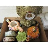 BOX CONTAINING VARIOUS DECORATIVE CERAMICS INCLUDING TEA POTS, WEDGWOOD FLORAL DECORATED CLOCKS,