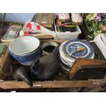 BOX CONTAINING HOUSEHOLD CERAMICS, CASED CUTLERY ETC