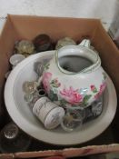 BOX CONTAINING HOUSEHOLD CERAMICS INCLUDING WASH BOWL AND JUG ETC