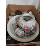 BOX CONTAINING HOUSEHOLD CERAMICS INCLUDING WASH BOWL AND JUG ETC