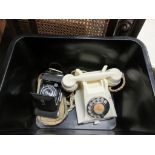 BOX CONTAINING VINTAGE GPO WHITE PHONE TOGETHER WITH A CASED ENSIGN RANGER FOLDING CAMERA