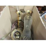 BOX CONTAINING VARIOUS CANDLESTICKS AND LAMPS