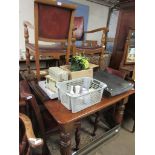 EXTENDING DINING TABLE INCLUDING SET OF SIX LEATHER UPHOLSTERED CHAIRS (2 CARVERS AND 4 CHAIRS)