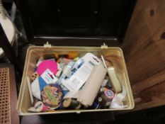 PLASTIC SEWING BOX CONTAINING THREADS ETC