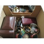 BOX CONTAINING SMALL COLLECTIBLES INCLUDING PHOTOGRAPHIC INTEREST, NAPKIN RINGS ETC